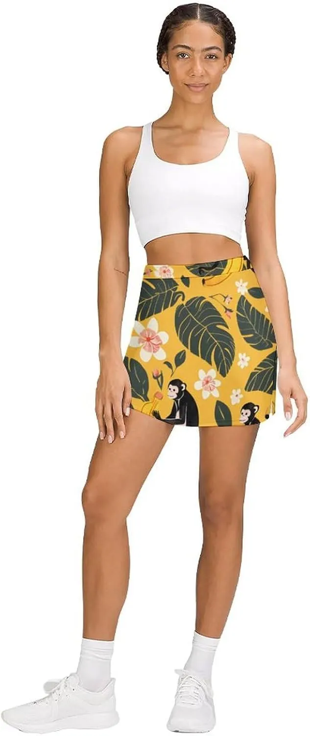 Retro Bird Pattern Women's Athletic Skirts Light Proof A-line Trouser Skirt with Shorts Pockets