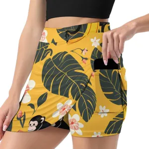 Retro Bird Pattern Women's Athletic Skirts Light Proof A-line Trouser Skirt with Shorts Pockets