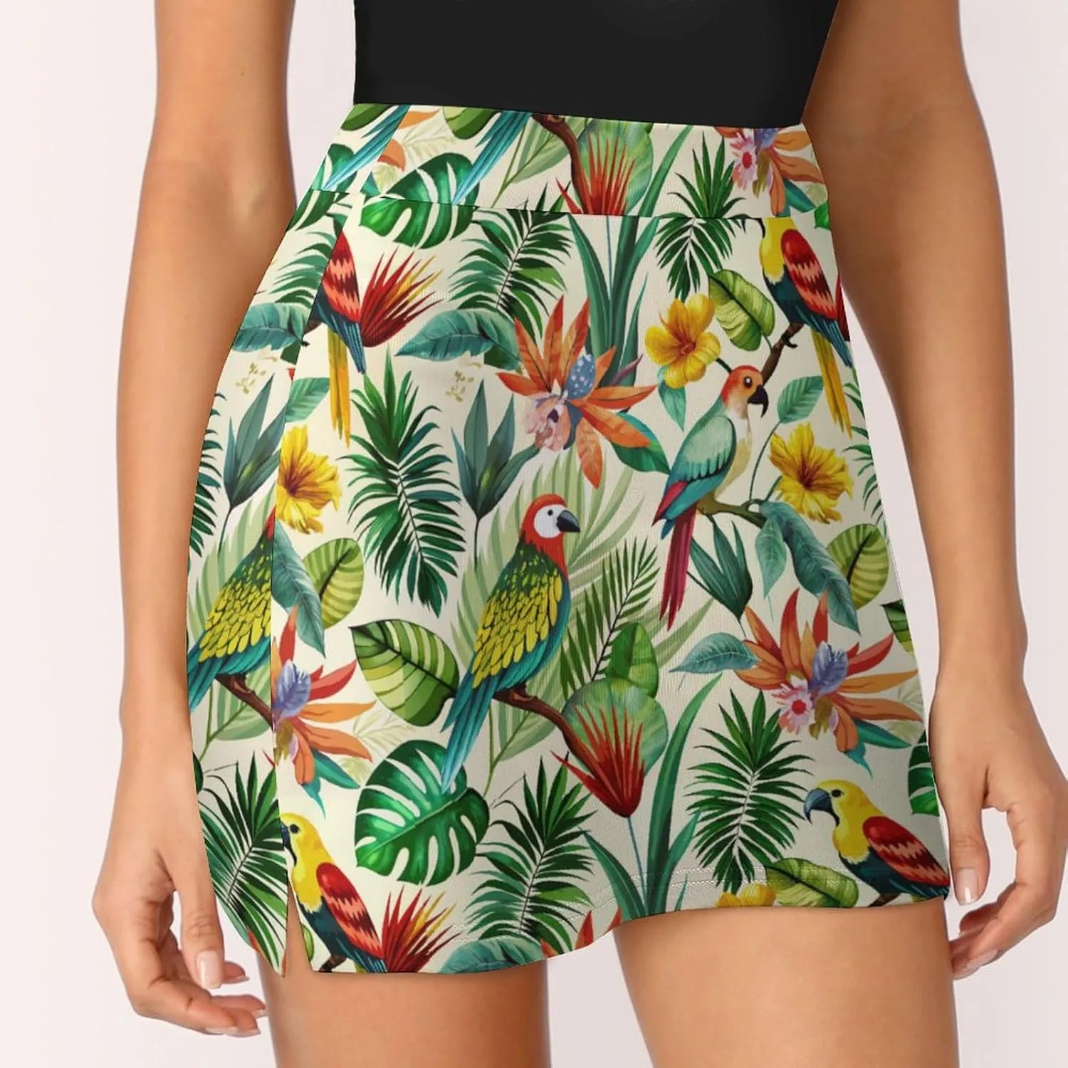 Retro Bird Pattern Women's Athletic Skirts Light Proof A-line Trouser Skirt with Shorts Pockets