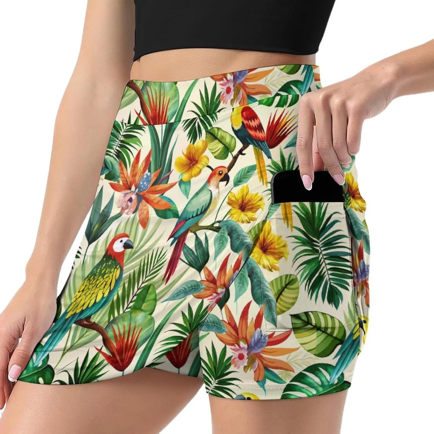 Retro Bird Pattern Women's Athletic Skirts Light Proof A-line Trouser Skirt with Shorts Pockets