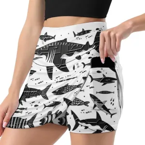 Retro Bird Pattern Women's Athletic Skirts Light Proof A-line Trouser Skirt with Shorts Pockets