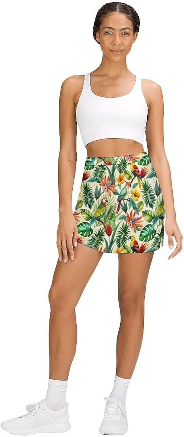 Retro Bird Pattern Women's Athletic Skirts Light Proof A-line Trouser Skirt with Shorts Pockets