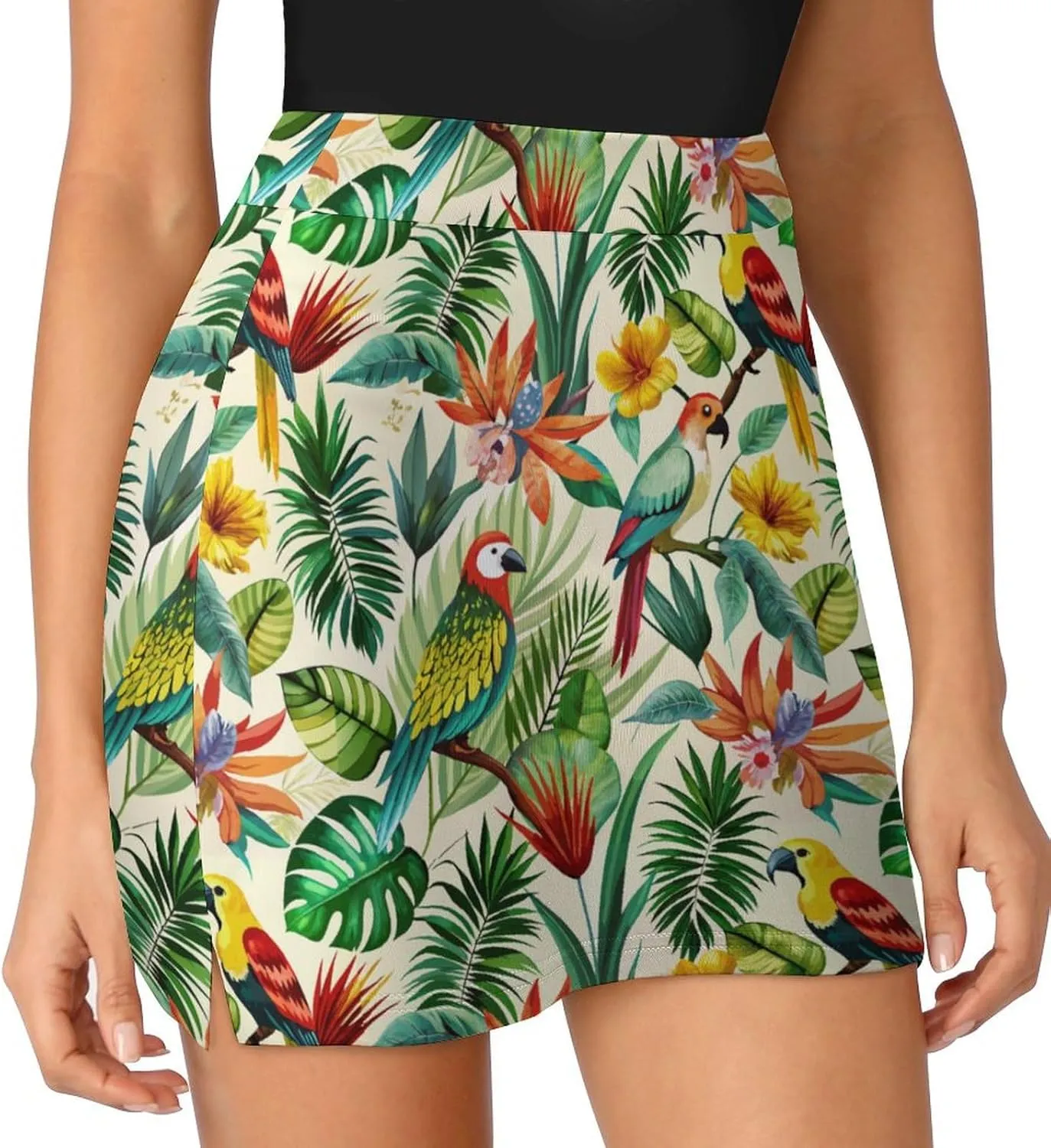 Retro Bird Pattern Women's Athletic Skirts Light Proof A-line Trouser Skirt with Shorts Pockets