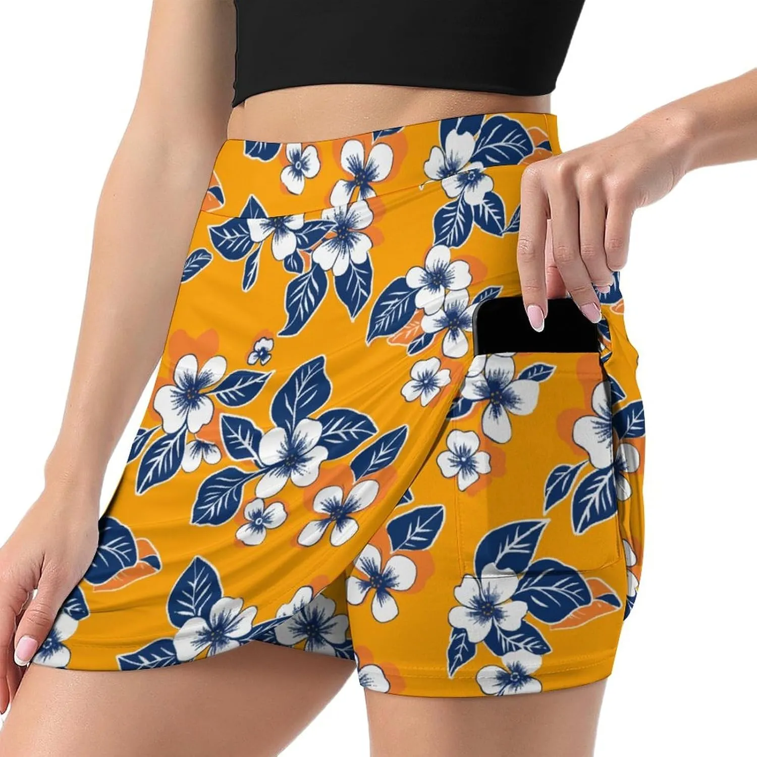 Retro Bird Pattern Women's Athletic Skirts Light Proof A-line Trouser Skirt with Shorts Pockets