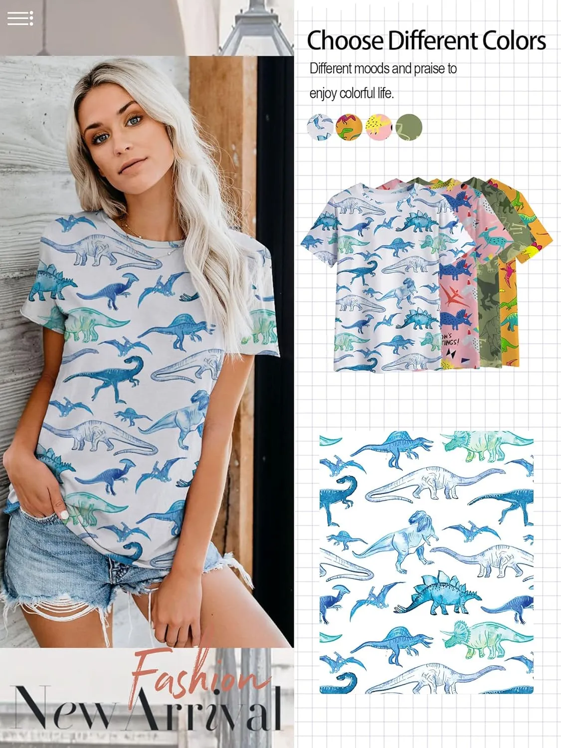 RMCMS Women Cute Dinosaur Graphic Prime Tees Ladies Bestie Fun Shirt Blouse Tops