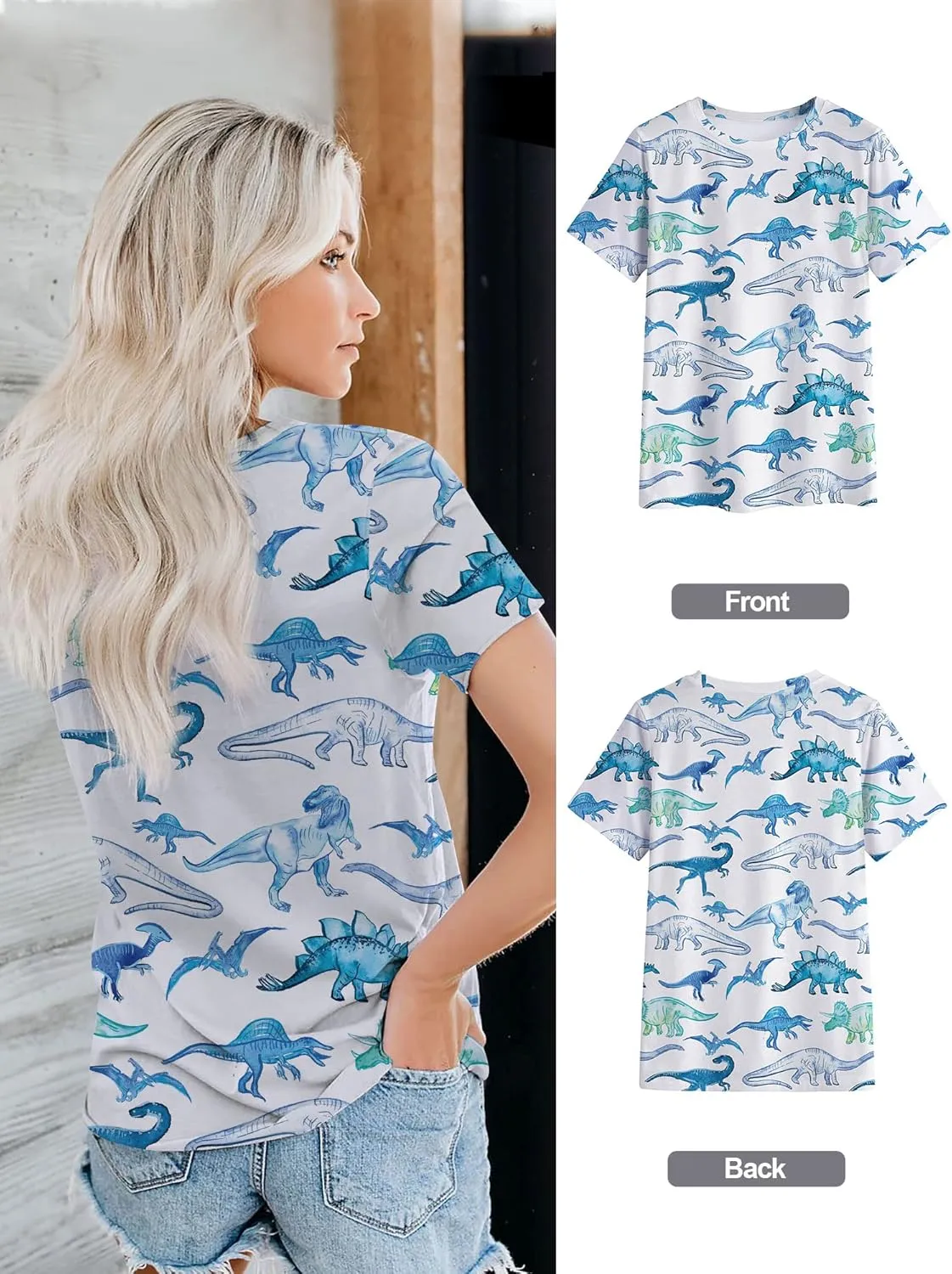 RMCMS Women Cute Dinosaur Graphic Prime Tees Ladies Bestie Fun Shirt Blouse Tops