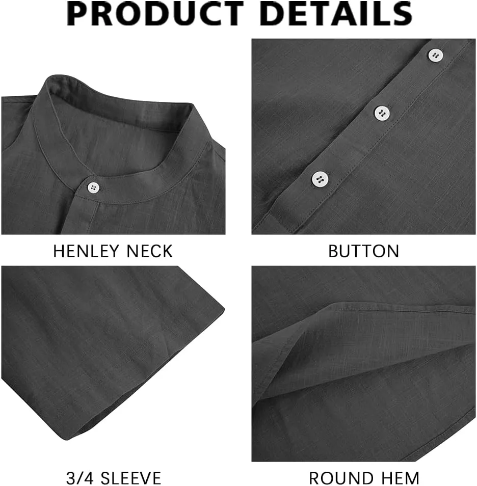 Ryannology Mens Linen Shirts Casual Cotton 3/4 Sleeve Regular-Fit Henley T-Shirt Summer Lightweight Beach Yoga Tops