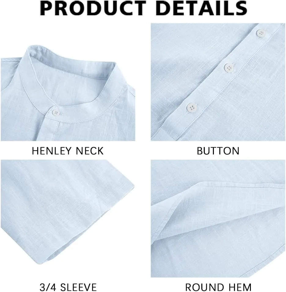 Ryannology Mens Linen Shirts Casual Cotton 3/4 Sleeve Regular-Fit Henley T-Shirt Summer Lightweight Beach Yoga Tops