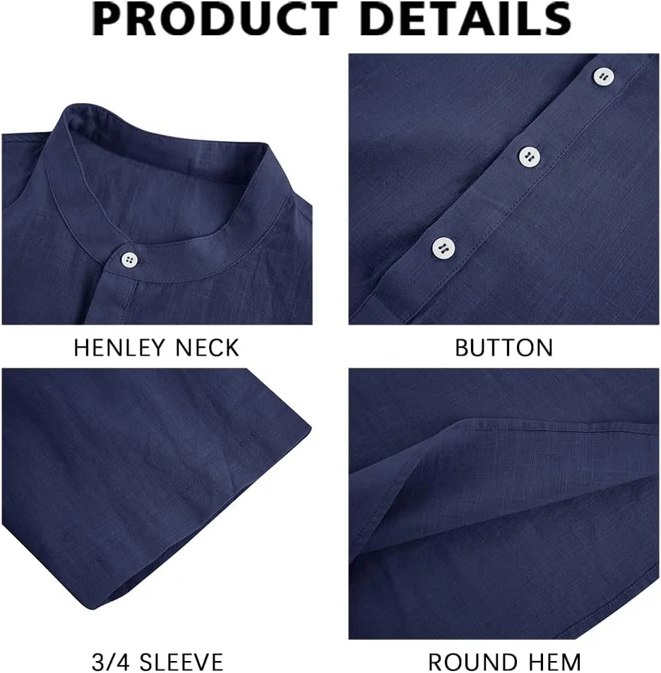 Ryannology Mens Linen Shirts Casual Cotton 3/4 Sleeve Regular-Fit Henley T-Shirt Summer Lightweight Beach Yoga Tops