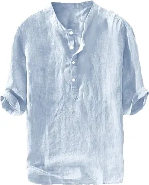 Ryannology Mens Linen Shirts Casual Cotton 3/4 Sleeve Regular-Fit Henley T-Shirt Summer Lightweight Beach Yoga Tops