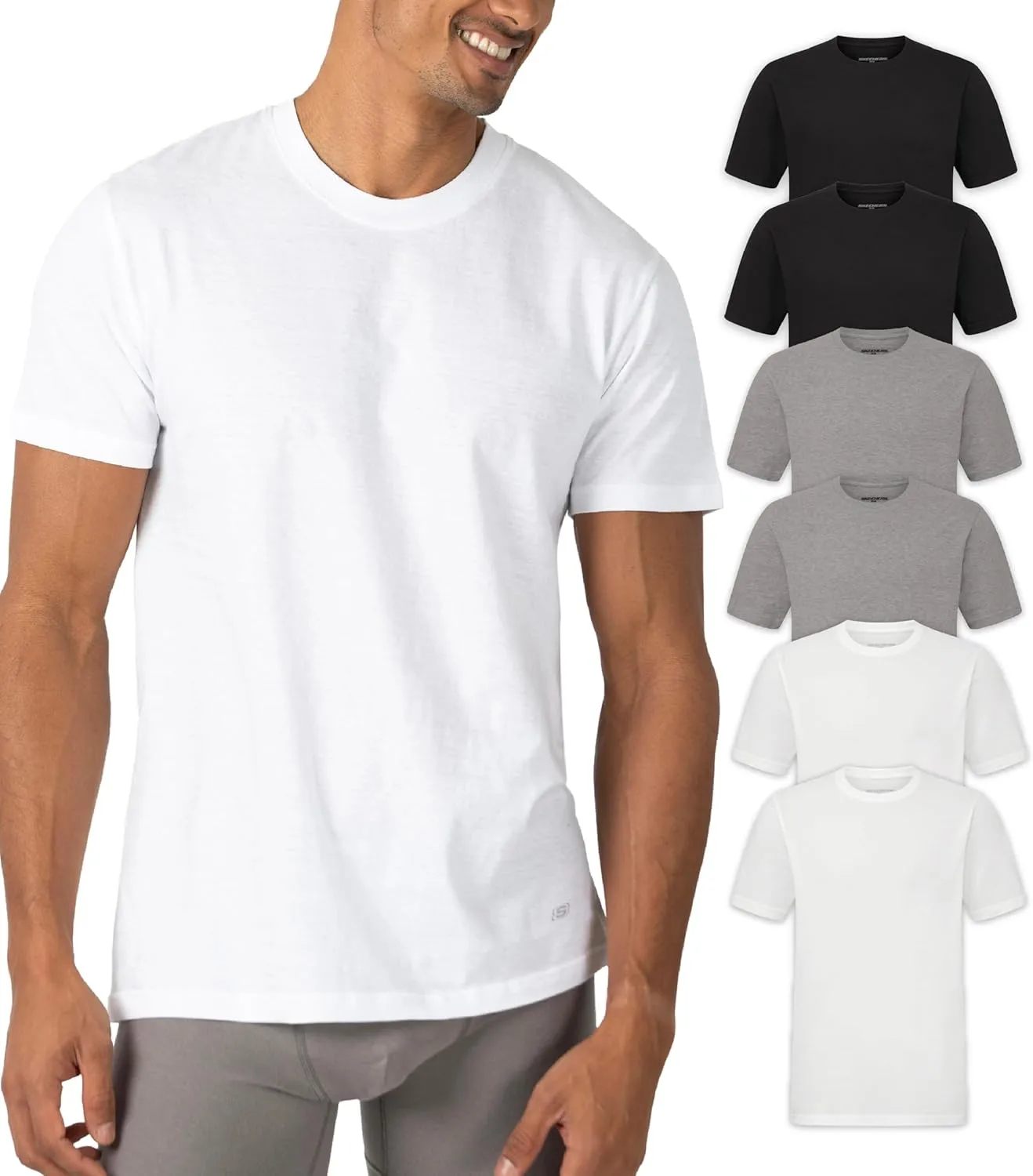 Skechers Men's Classic Fit Crew Neck Undershirt, Tag Free T-Shirts, Lightweight Breathable, Moisture-Wicking 6 Pack