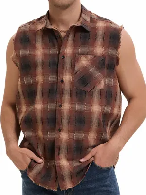 Sleeveless Plaid Front Shirt for Men,Cowboy Button Down Shirts