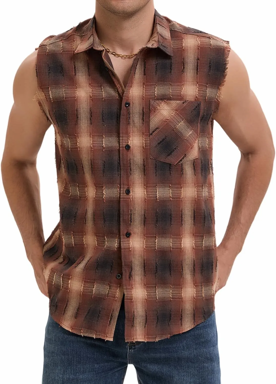 Sleeveless Plaid Front Shirt for Men,Cowboy Button Down Shirts