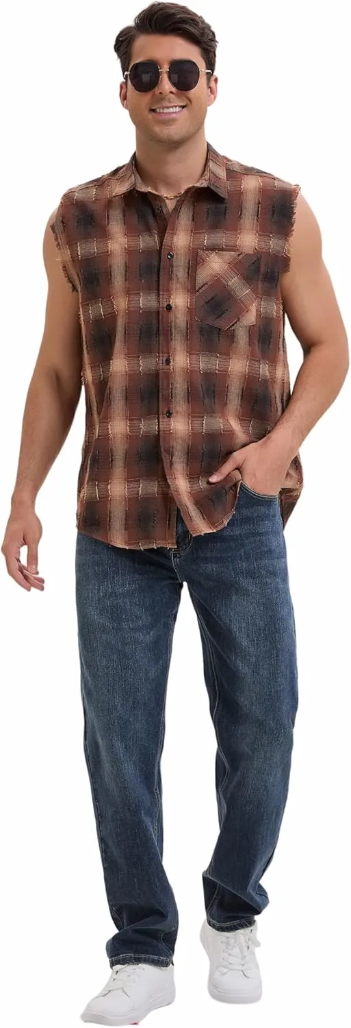 Sleeveless Plaid Front Shirt for Men,Cowboy Button Down Shirts