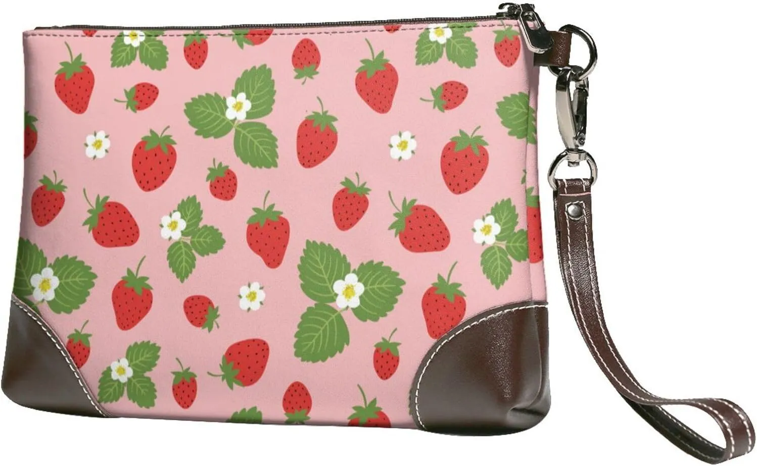Small Clutch Purses for Women - Cute Crisp Strawberry Flower Leather Wristlet Wallets for Women with Wrist Strap