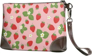 Small Clutch Purses for Women - Cute Crisp Strawberry Flower Leather Wristlet Wallets for Women with Wrist Strap