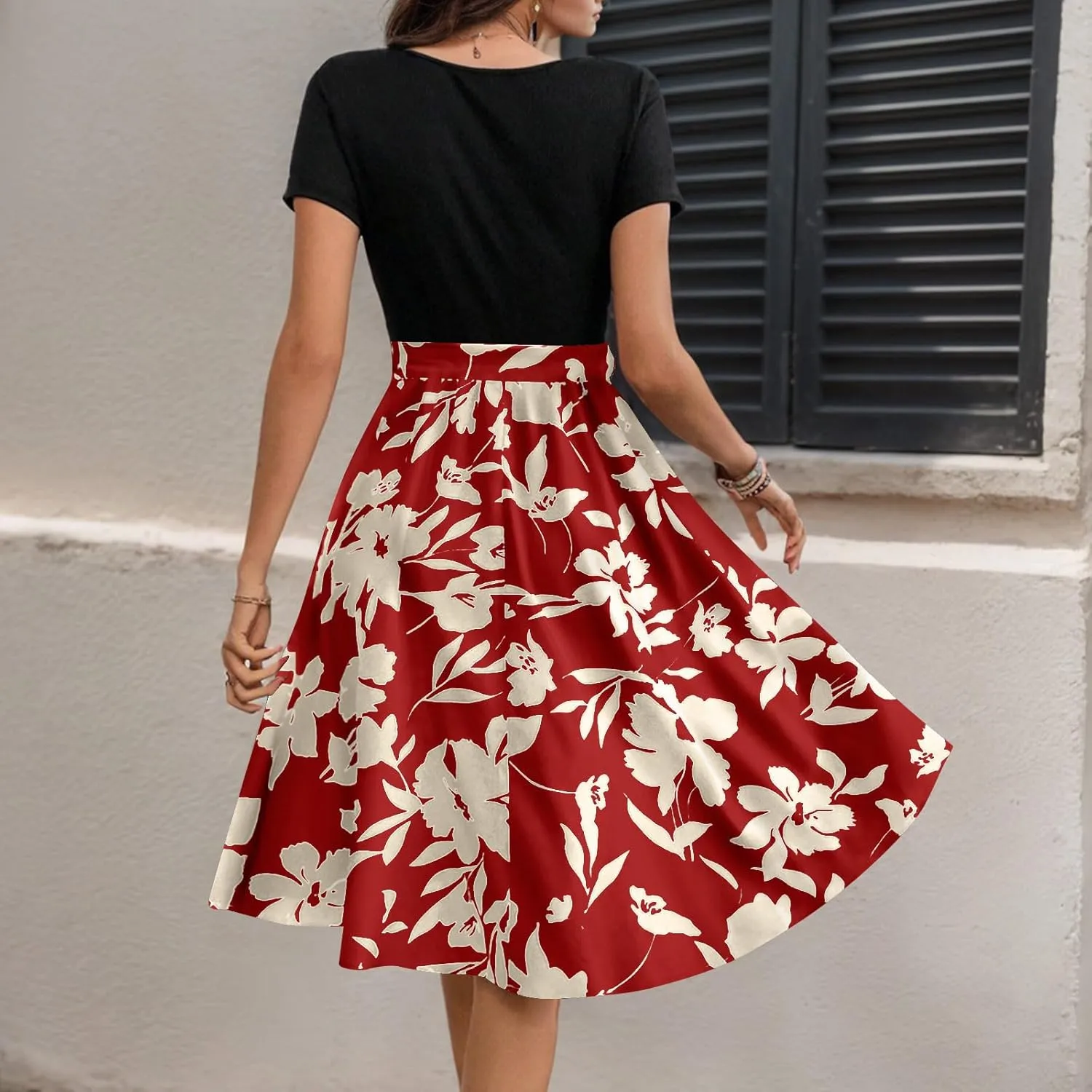 Spring Dresses for Women Crewneck Classy High Waist Short Sleeve Beach Simple Tie Waist Floral Print Short Dresses