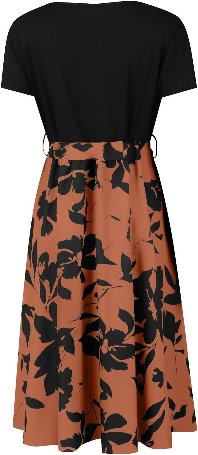Spring Dresses for Women Crewneck Classy High Waist Short Sleeve Beach Simple Tie Waist Floral Print Short Dresses