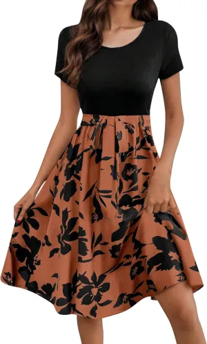 Spring Dresses for Women Crewneck Classy High Waist Short Sleeve Beach Simple Tie Waist Floral Print Short Dresses