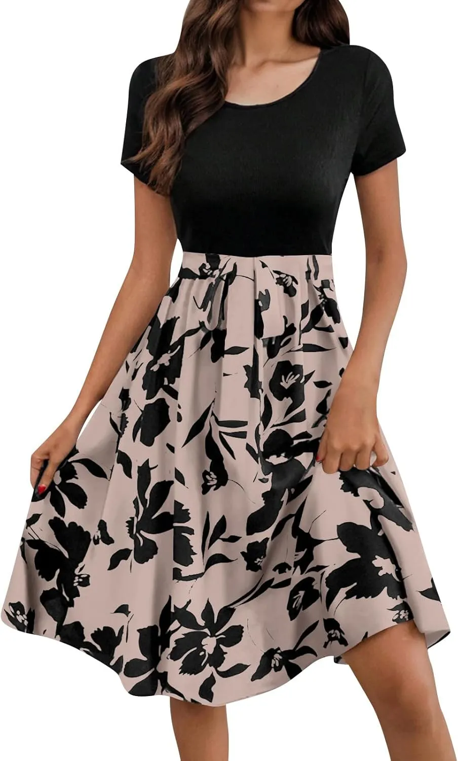 Spring Dresses for Women Crewneck Classy High Waist Short Sleeve Beach Simple Tie Waist Floral Print Short Dresses