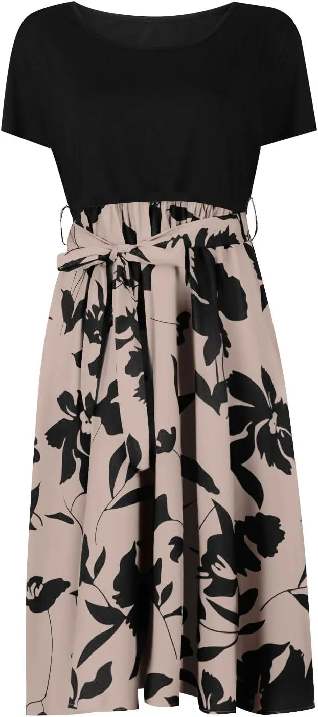 Spring Dresses for Women Crewneck Classy High Waist Short Sleeve Beach Simple Tie Waist Floral Print Short Dresses