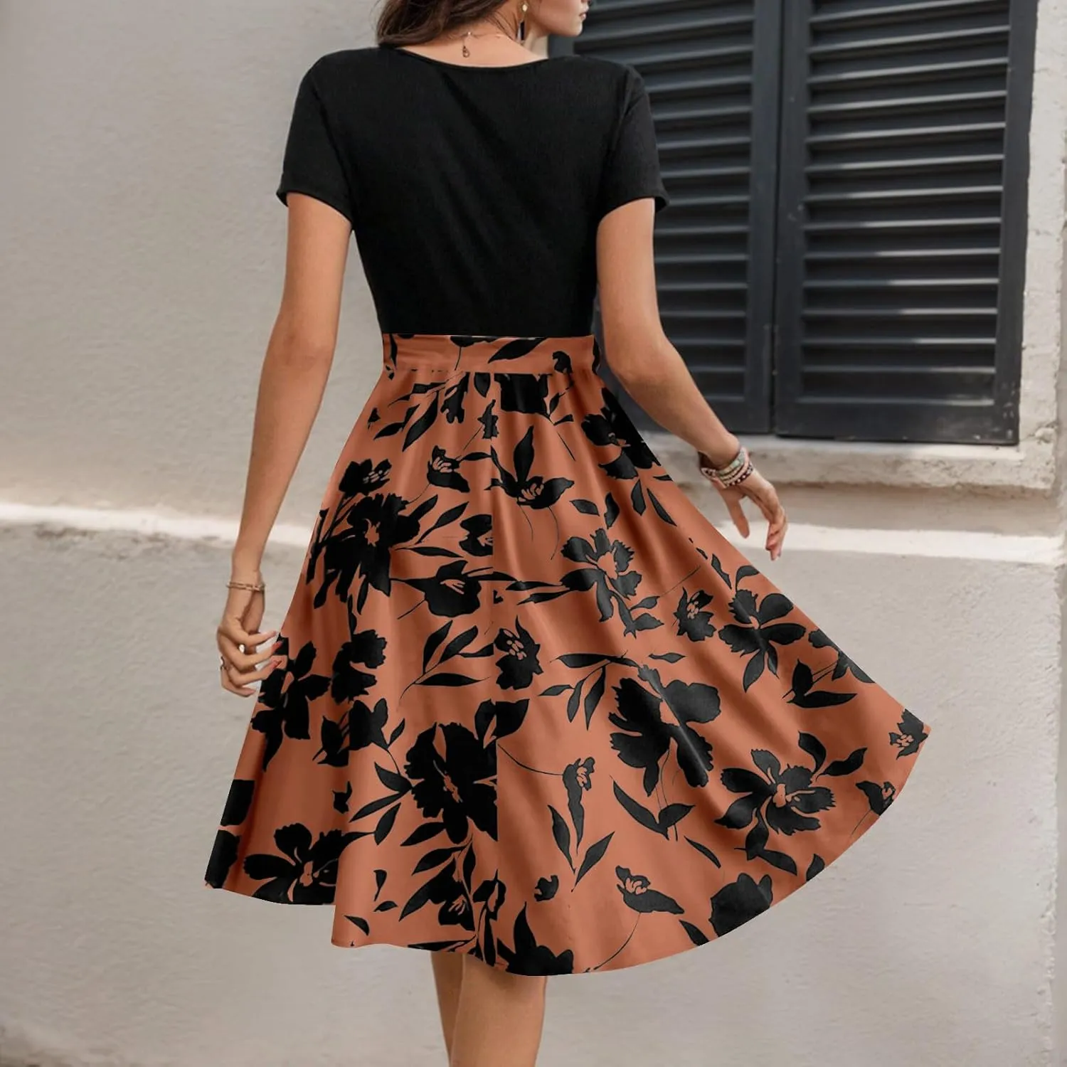 Spring Dresses for Women Crewneck Classy High Waist Short Sleeve Beach Simple Tie Waist Floral Print Short Dresses