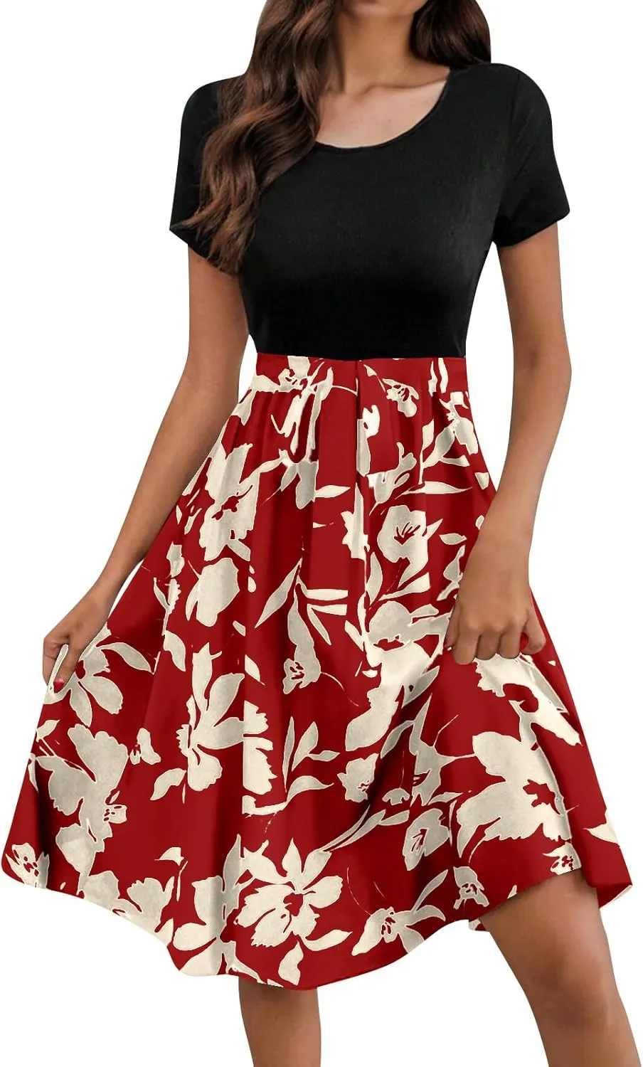 Spring Dresses for Women Crewneck Classy High Waist Short Sleeve Beach Simple Tie Waist Floral Print Short Dresses