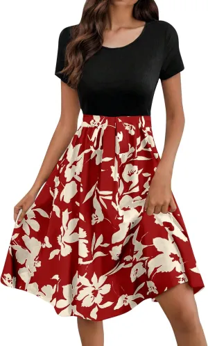 Spring Dresses for Women Crewneck Classy High Waist Short Sleeve Beach Simple Tie Waist Floral Print Short Dresses