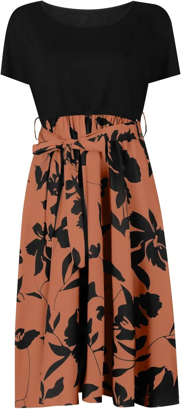 Spring Dresses for Women Crewneck Classy High Waist Short Sleeve Beach Simple Tie Waist Floral Print Short Dresses