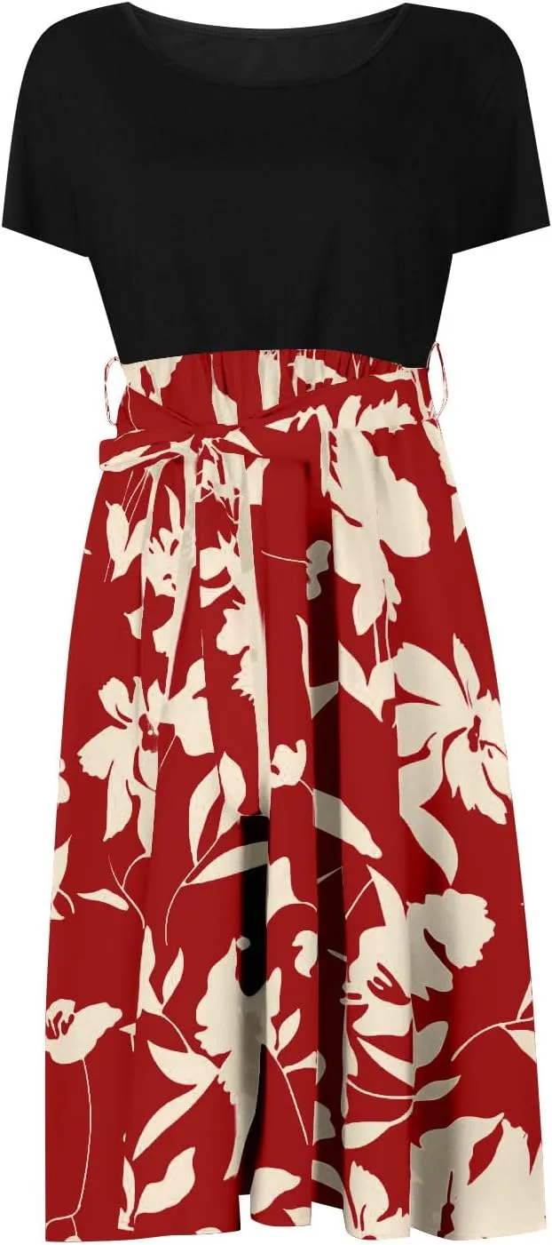 Spring Dresses for Women Crewneck Classy High Waist Short Sleeve Beach Simple Tie Waist Floral Print Short Dresses