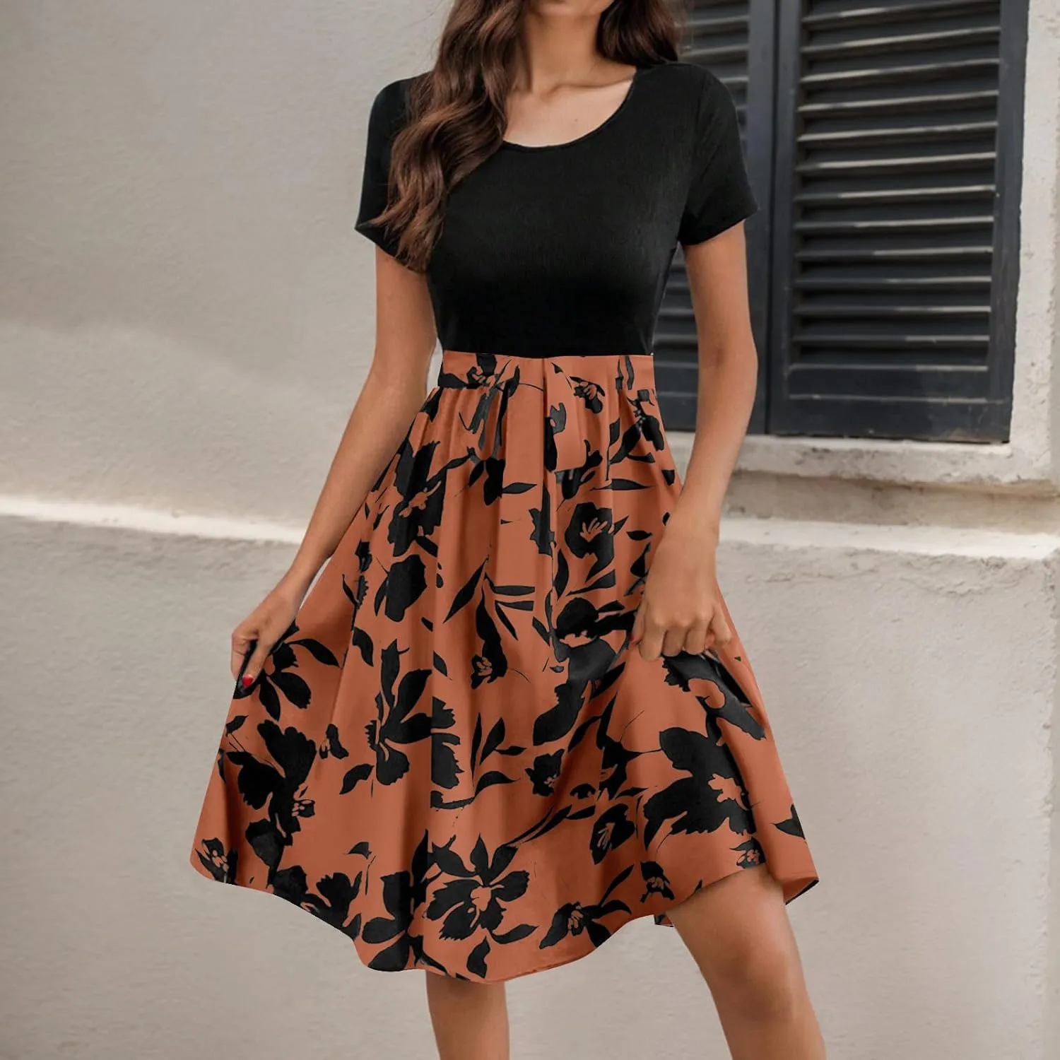 Spring Dresses for Women Crewneck Classy High Waist Short Sleeve Beach Simple Tie Waist Floral Print Short Dresses