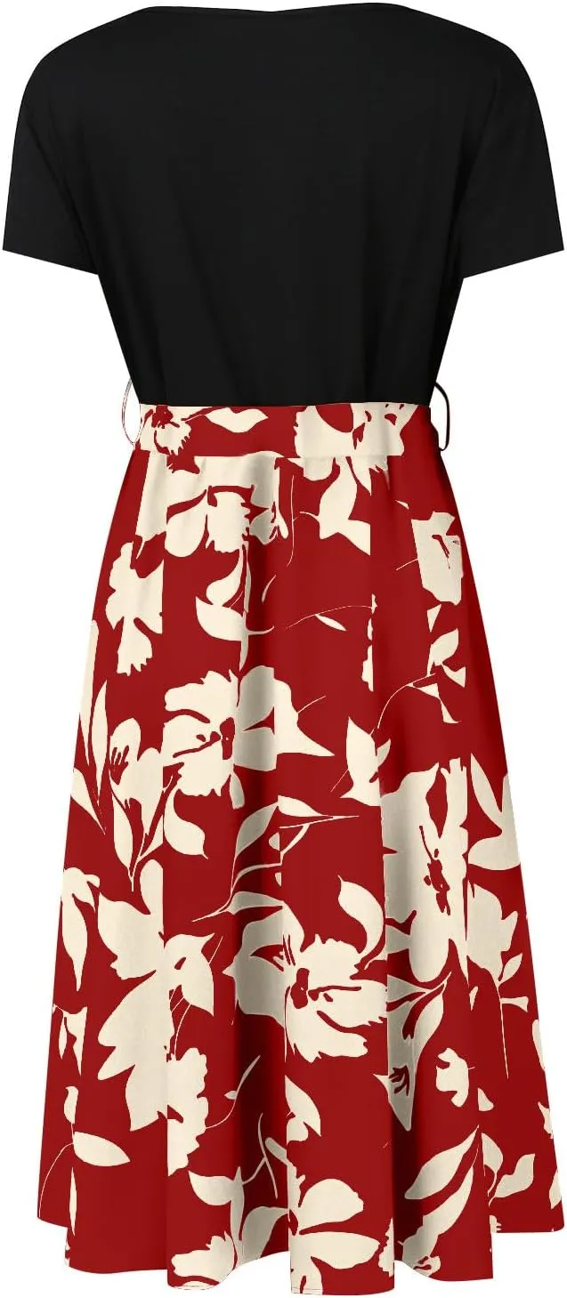 Spring Dresses for Women Crewneck Classy High Waist Short Sleeve Beach Simple Tie Waist Floral Print Short Dresses