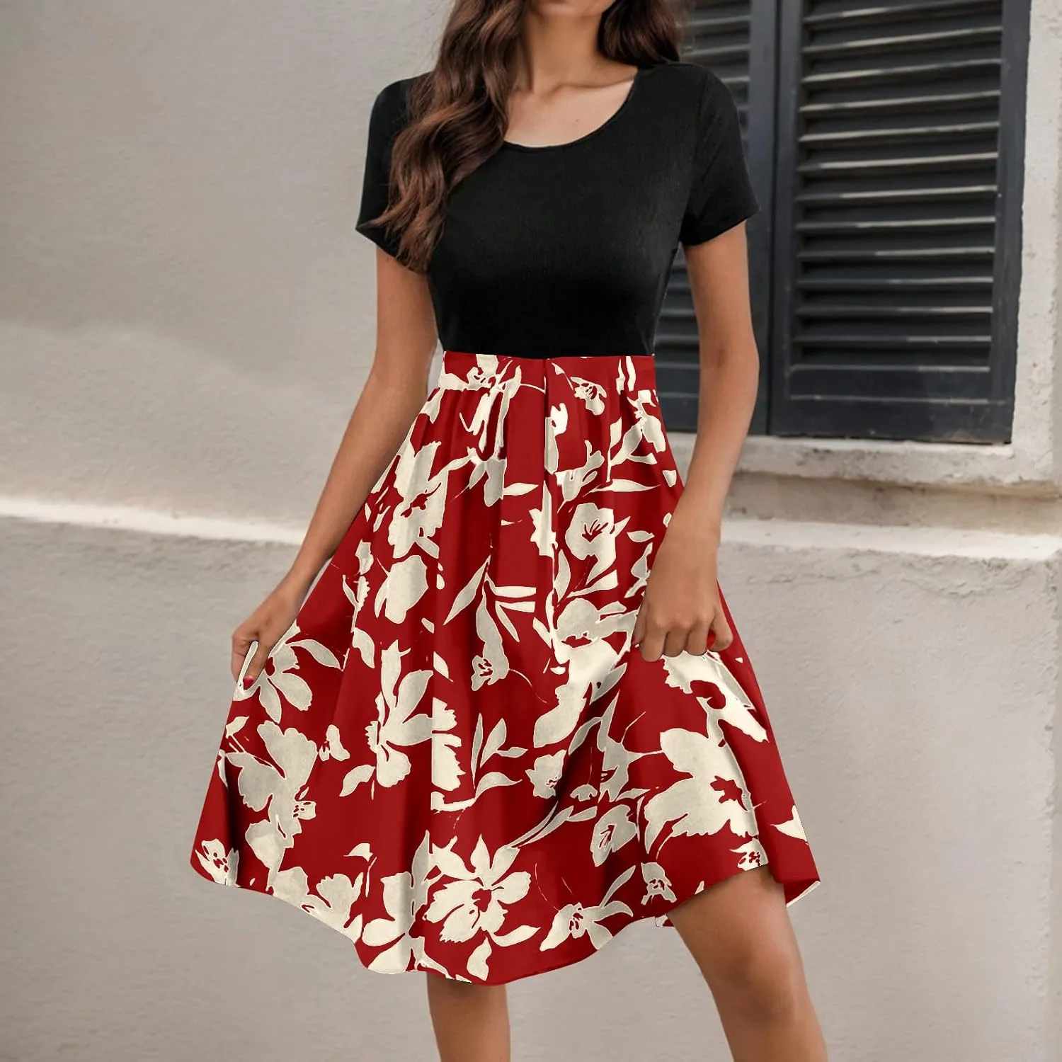 Spring Dresses for Women Crewneck Classy High Waist Short Sleeve Beach Simple Tie Waist Floral Print Short Dresses