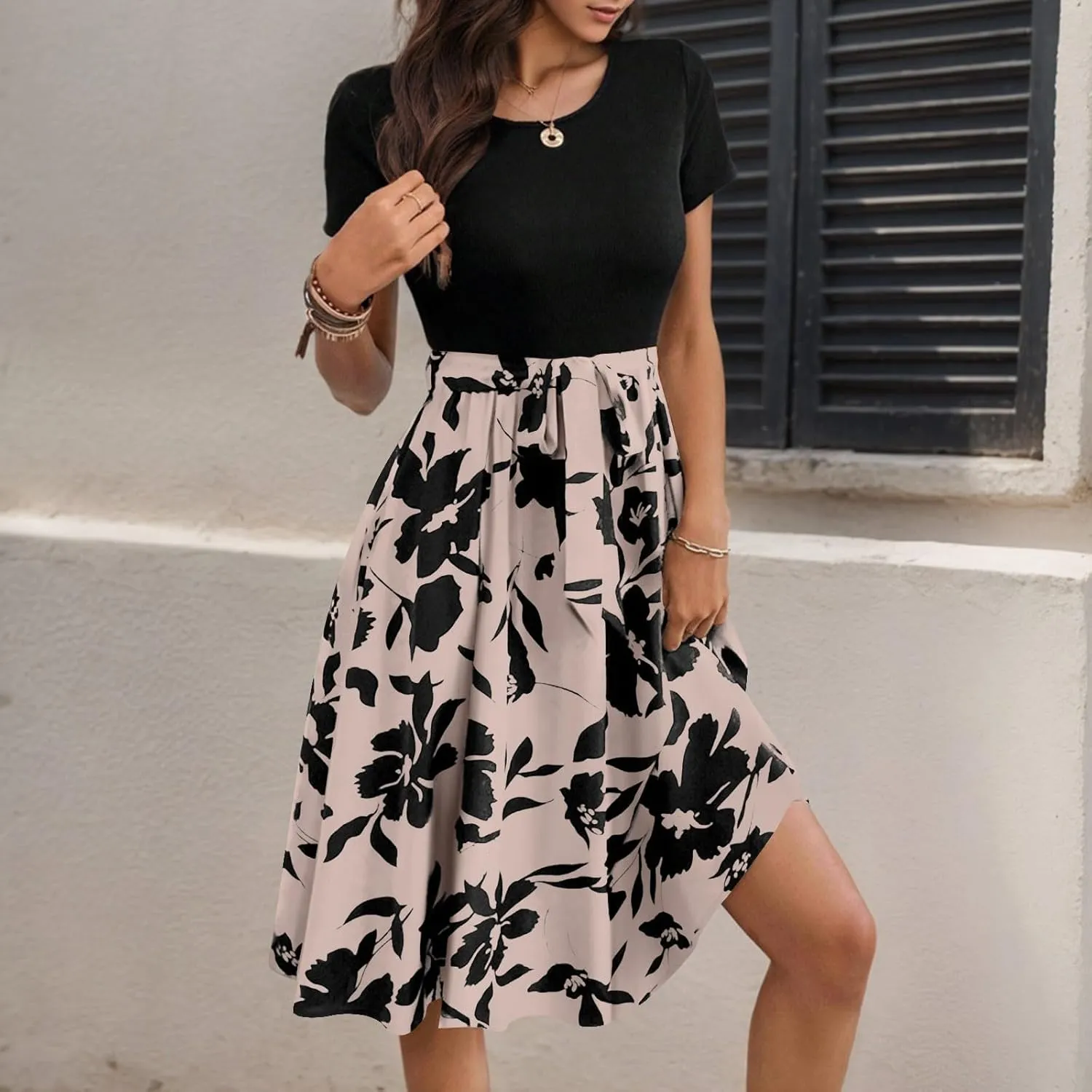 Spring Dresses for Women Crewneck Classy High Waist Short Sleeve Beach Simple Tie Waist Floral Print Short Dresses