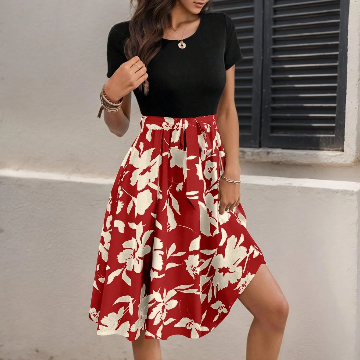 Spring Dresses for Women Crewneck Classy High Waist Short Sleeve Beach Simple Tie Waist Floral Print Short Dresses