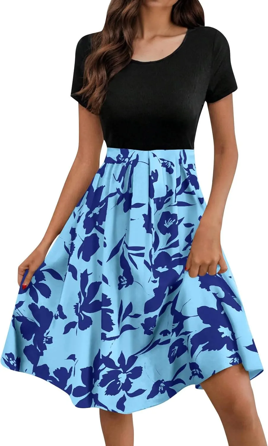Spring Dresses for Women Crewneck Classy High Waist Short Sleeve Beach Simple Tie Waist Floral Print Short Dresses