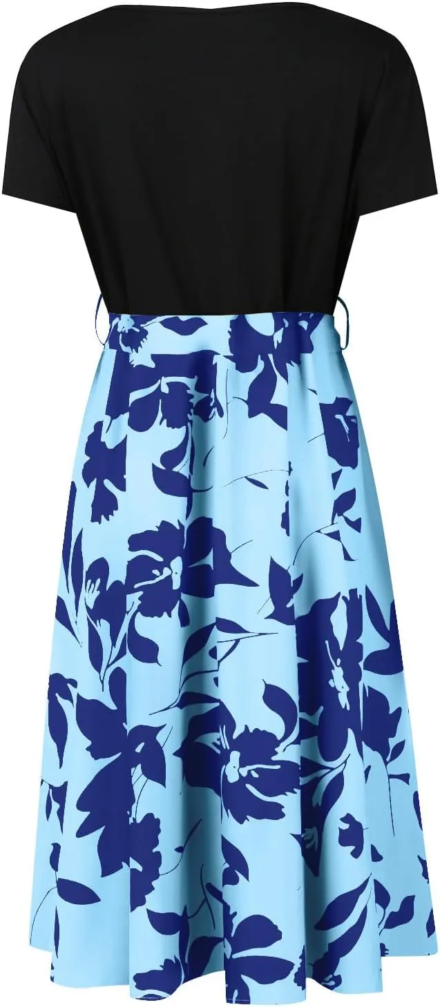 Spring Dresses for Women Crewneck Classy High Waist Short Sleeve Beach Simple Tie Waist Floral Print Short Dresses