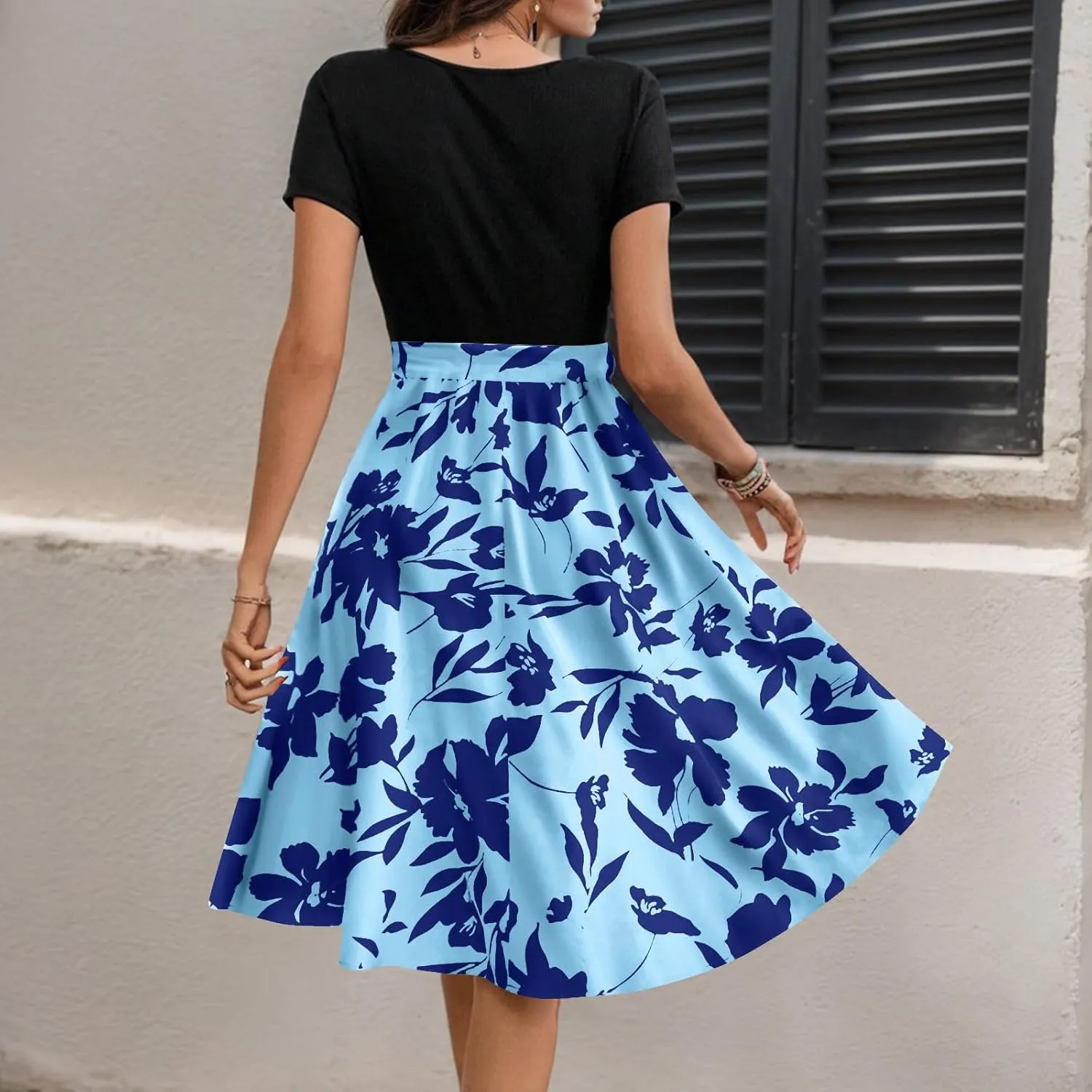 Spring Dresses for Women Crewneck Classy High Waist Short Sleeve Beach Simple Tie Waist Floral Print Short Dresses