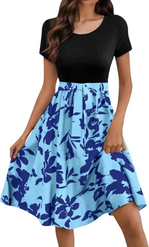 Spring Dresses for Women Crewneck Classy High Waist Short Sleeve Beach Simple Tie Waist Floral Print Short Dresses