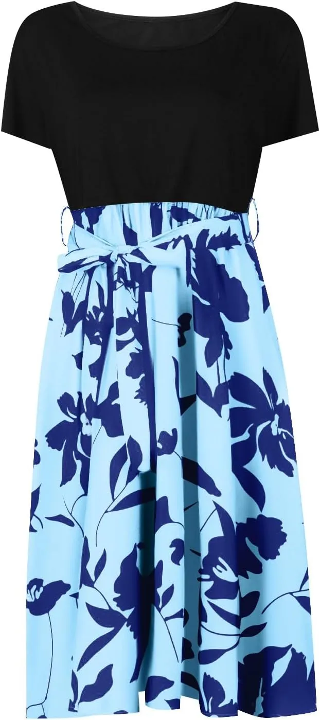 Spring Dresses for Women Crewneck Classy High Waist Short Sleeve Beach Simple Tie Waist Floral Print Short Dresses
