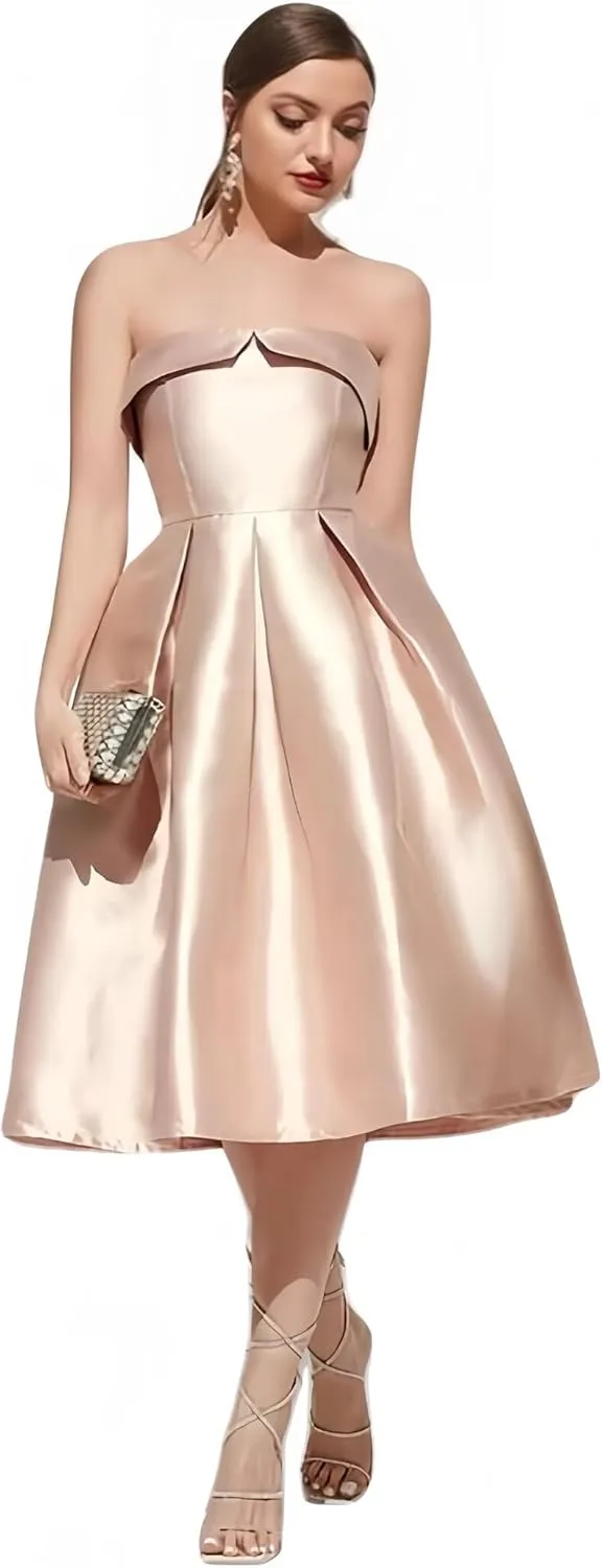 Strapless Satin Prom Dresses for Women Elegant Pleat Cocktail Dress Simple Corset Tea Length Formal Evening Gowns