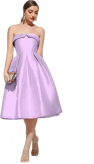 Strapless Satin Prom Dresses for Women Elegant Pleat Cocktail Dress Simple Corset Tea Length Formal Evening Gowns