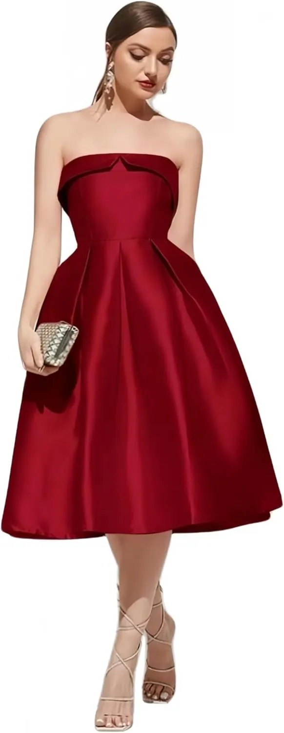 Strapless Satin Prom Dresses for Women Elegant Pleat Cocktail Dress Simple Corset Tea Length Formal Evening Gowns