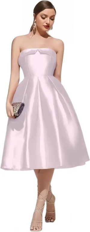 Strapless Satin Prom Dresses for Women Elegant Pleat Cocktail Dress Simple Corset Tea Length Formal Evening Gowns