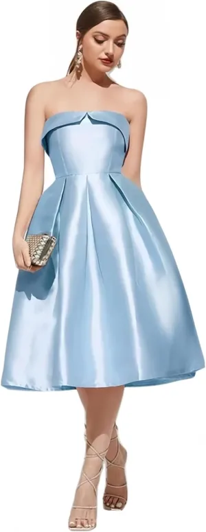 Strapless Satin Prom Dresses for Women Elegant Pleat Cocktail Dress Simple Corset Tea Length Formal Evening Gowns