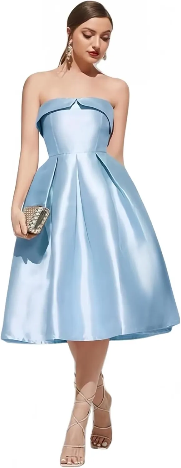 Strapless Satin Prom Dresses for Women Elegant Pleat Cocktail Dress Simple Corset Tea Length Formal Evening Gowns
