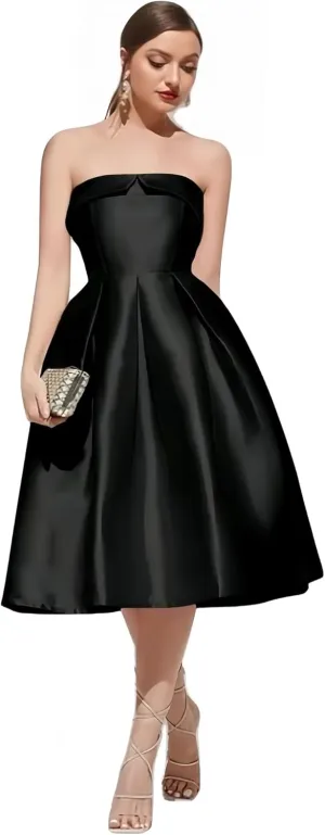 Strapless Satin Prom Dresses for Women Elegant Pleat Cocktail Dress Simple Corset Tea Length Formal Evening Gowns