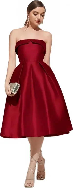Strapless Satin Prom Dresses for Women Elegant Pleat Cocktail Dress Simple Corset Tea Length Formal Evening Gowns