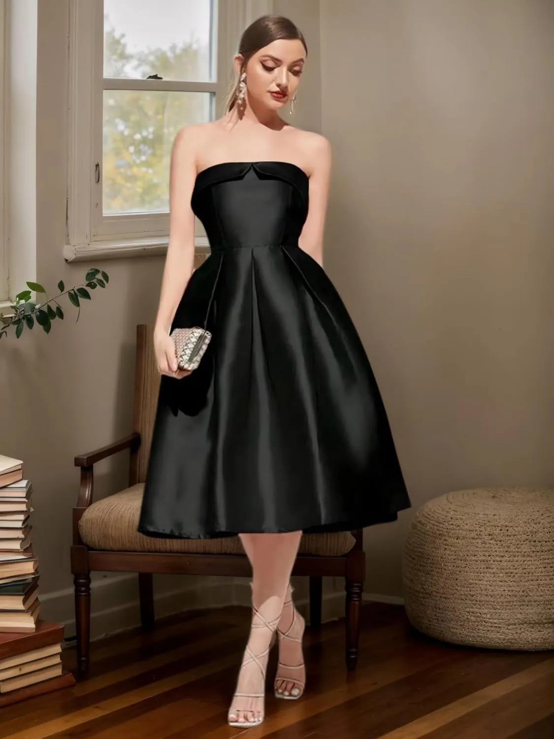 Strapless Satin Prom Dresses for Women Elegant Pleat Cocktail Dress Simple Corset Tea Length Formal Evening Gowns