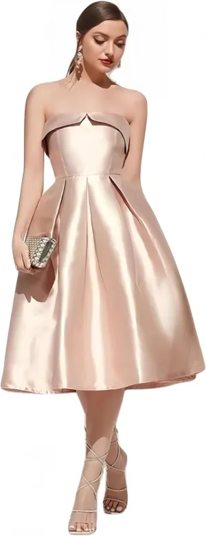Strapless Satin Prom Dresses for Women Elegant Pleat Cocktail Dress Simple Corset Tea Length Formal Evening Gowns